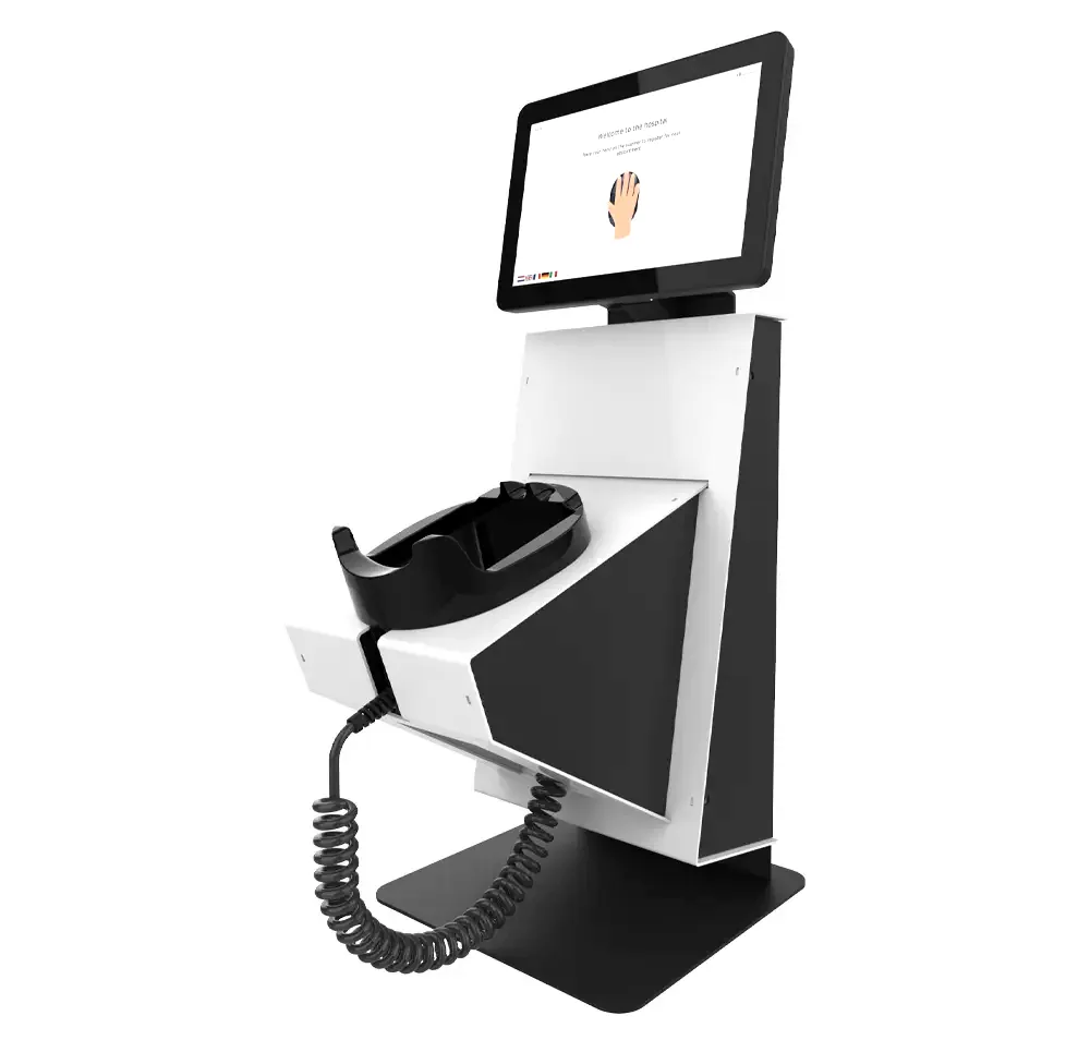 CNERGY-Terminal mit Bildschirm und Handvenenscanner zur Patientenanmeldung