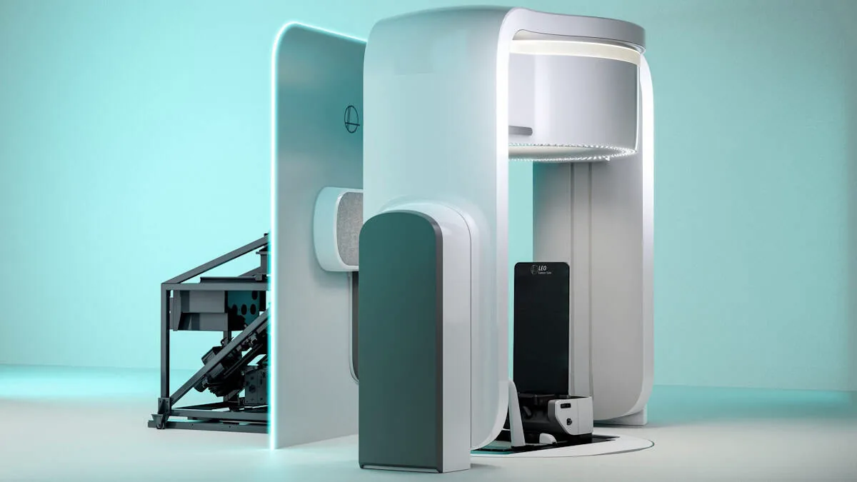 Rendering: Marie mit Upright-CT und Positionierungssystem vor der festen Strahlführung